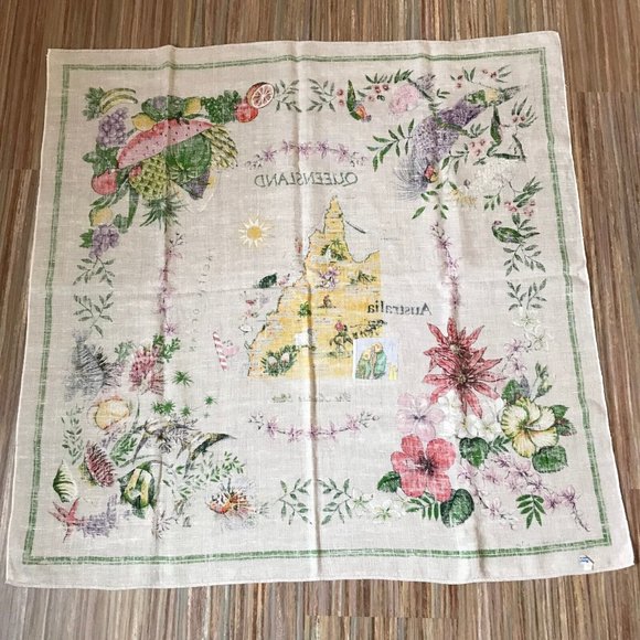 Vtg Queensland Australia Linen 50" Square Tablecloth Floral Tropical Colorful - Picture 3 of 6